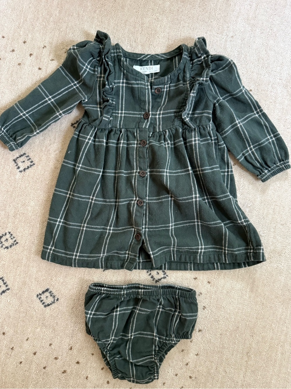 12-18m Flannel button-down dress with bloomers.